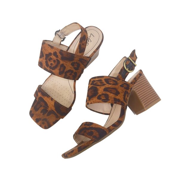 LifeStride TEDDI Women SZ 7W Leopard Print Open-Toe Block Heel Sandal Faux Suede - Picture 1 of 14